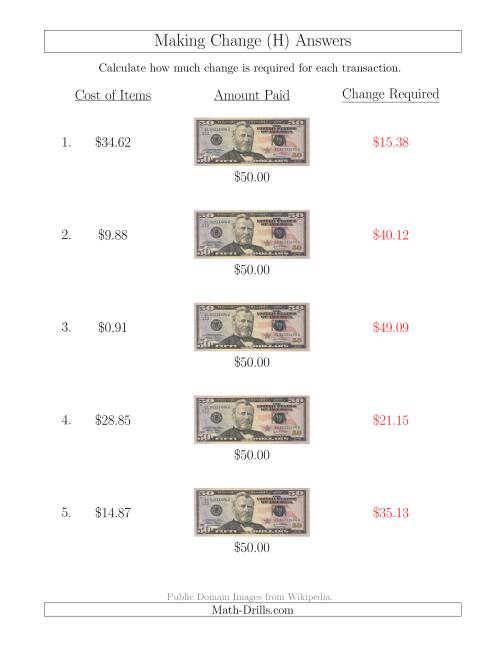 The Making Change from U.S. $50 Bills (H) Math Worksheet Page 2