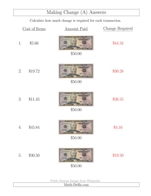 The Making Change from U.S. $50 Bills (All) Math Worksheet Page 2