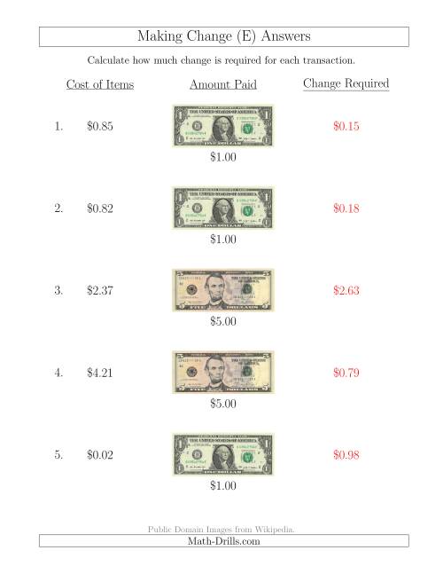 The Making Change from U.S. Bills up to $5 (E) Math Worksheet Page 2