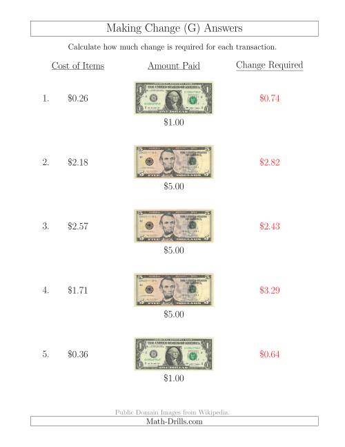 The Making Change from U.S. Bills up to $5 (G) Math Worksheet Page 2