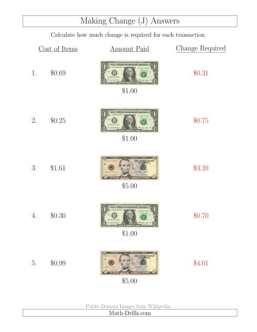 The Making Change from U.S. Bills up to $5 (J) Math Worksheet Page 2