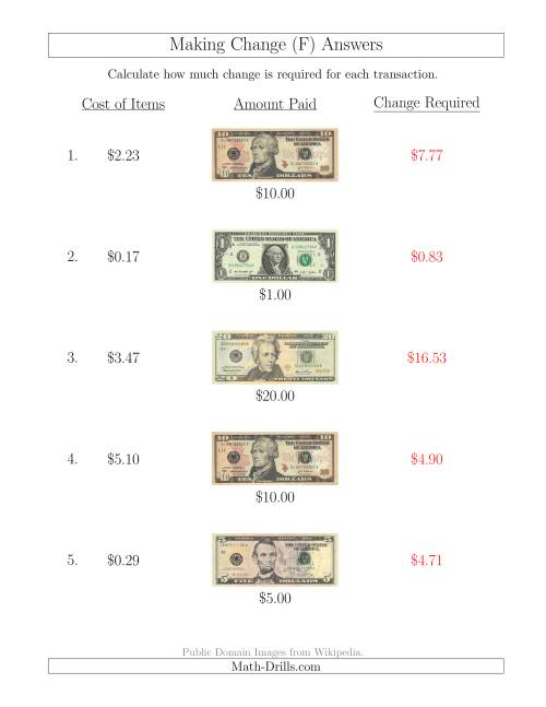 The Making Change from U.S. Bills up to $20 (F) Math Worksheet Page 2