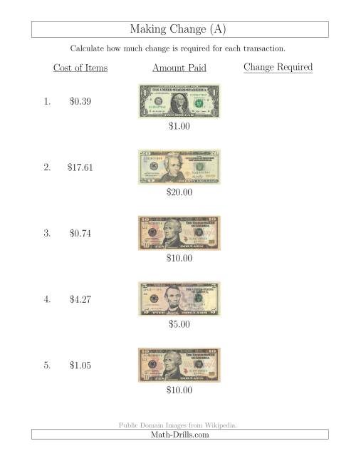 The Making Change from U.S. Bills up to $20 (All) Math Worksheet