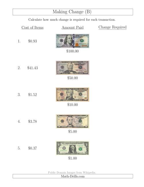 The Making Change from U.S. Bills up to $100 (B) Math Worksheet