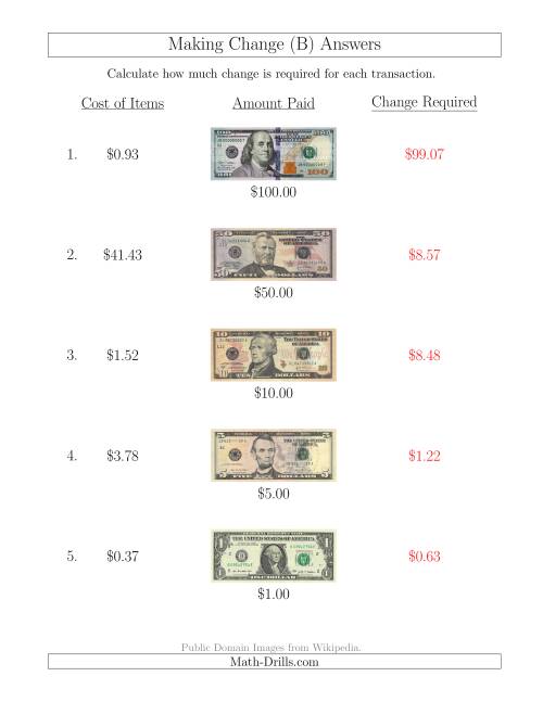The Making Change from U.S. Bills up to $100 (B) Math Worksheet Page 2