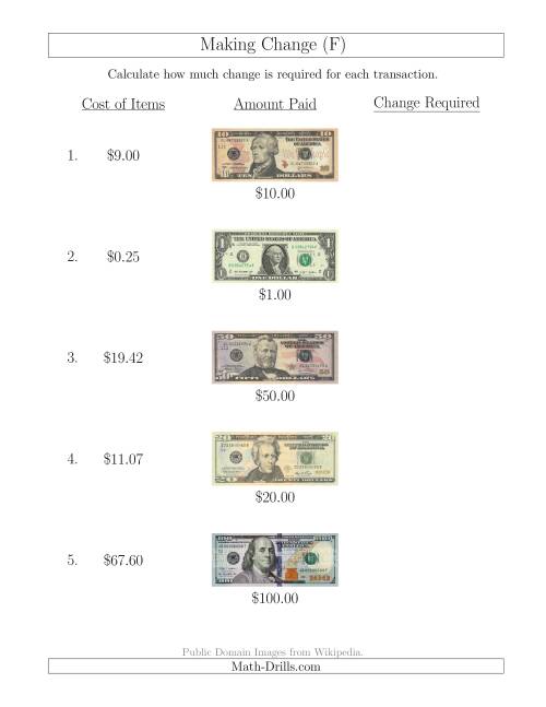 The Making Change from U.S. Bills up to $100 (F) Math Worksheet
