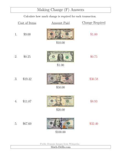 The Making Change from U.S. Bills up to $100 (F) Math Worksheet Page 2