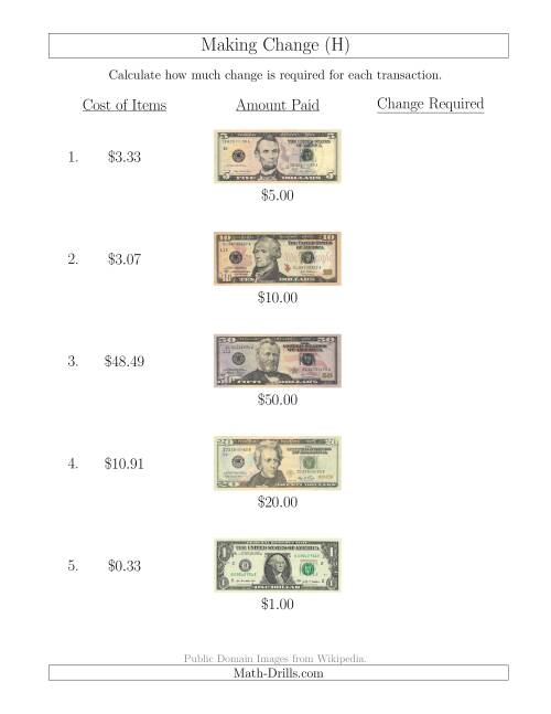 The Making Change from U.S. Bills up to $100 (H) Math Worksheet