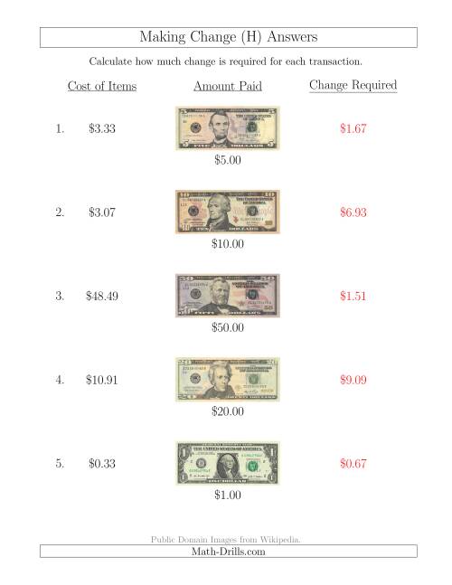 The Making Change from U.S. Bills up to $100 (H) Math Worksheet Page 2