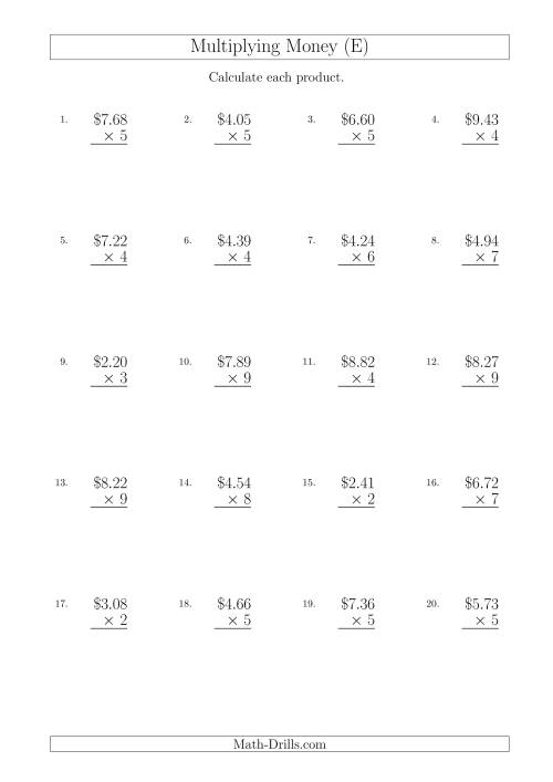 The Multiplying Dollar Amounts in Increments of 1 Cent by One-Digit Multipliers (Australia and New Zealand) (E) Math Worksheet