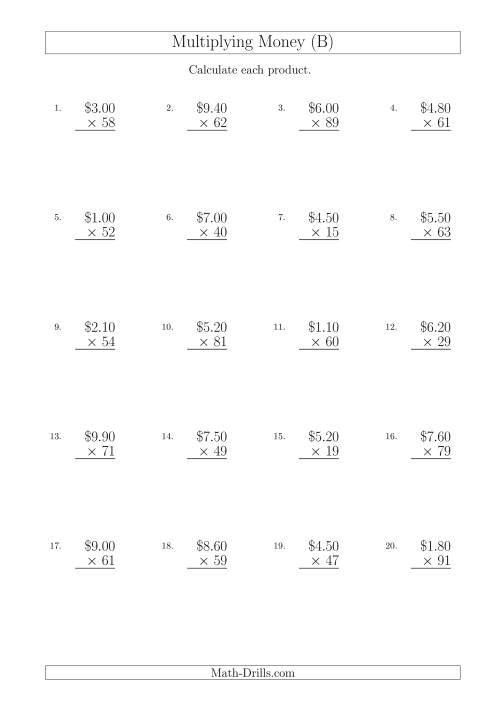 The Multiplying Dollar Amounts in Increments of 10 Cents by Two-Digit Multipliers (Australia and New Zealand) (B) Math Worksheet