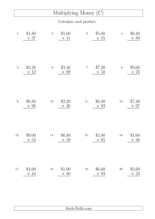 The Multiplying Dollar Amounts in Increments of 20 Cents by Two-Digit Multipliers (Australia and New Zealand) (C) Math Worksheet