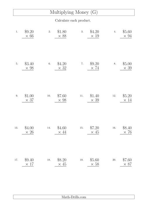 The Multiplying Dollar Amounts in Increments of 20 Cents by Two-Digit Multipliers (Australia and New Zealand) (G) Math Worksheet