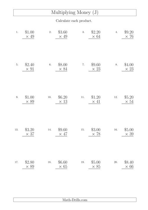 The Multiplying Dollar Amounts in Increments of 20 Cents by Two-Digit Multipliers (Australia and New Zealand) (J) Math Worksheet