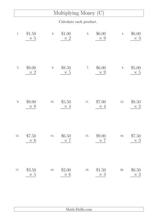The Multiplying Dollar Amounts in Increments of 50 Cents by One-Digit Multipliers (Australia and New Zealand) (C) Math Worksheet