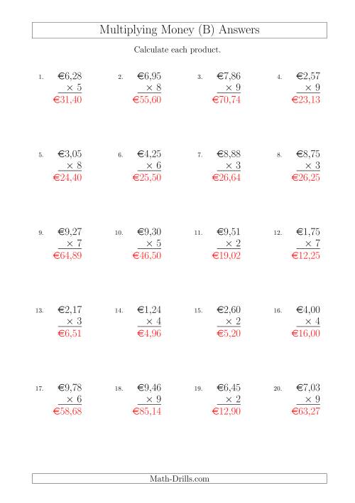 The Multiplying Euro Amounts in Increments of 1 Cent by One-Digit Multipliers (B) Math Worksheet Page 2