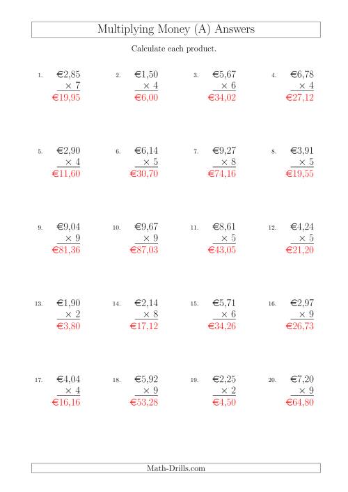 The Multiplying Euro Amounts in Increments of 1 Cent by One-Digit Multipliers (All) Math Worksheet Page 2