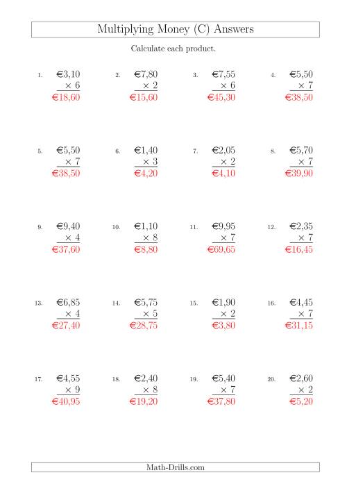The Multiplying Euro Amounts in Increments of 5 Cents by One-Digit Multipliers (C) Math Worksheet Page 2