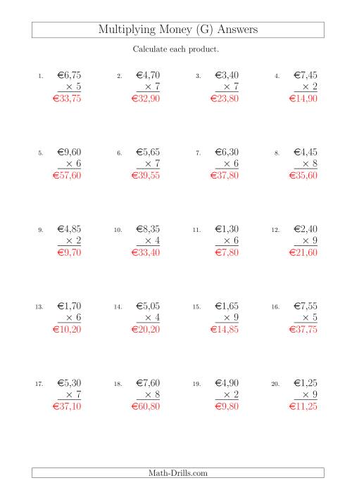 The Multiplying Euro Amounts in Increments of 5 Cents by One-Digit Multipliers (G) Math Worksheet Page 2