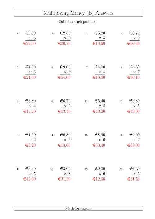 The Multiplying Euro Amounts in Increments of 10 Cents by One-Digit Multipliers (B) Math Worksheet Page 2
