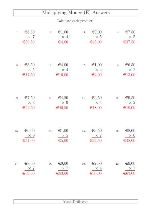The Multiplying Euro Amounts in Increments of 50 Cents by One-Digit Multipliers (E) Math Worksheet Page 2