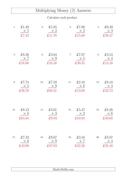 The Multiplying Pound Sterling Amounts in Increments of 1 Penny by One-Digit Multipliers (U.K.) (J) Math Worksheet Page 2