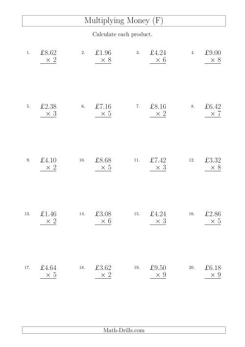 The Multiplying Pound Sterling Amounts in Increments of 2 Pence by One-Digit Multipliers (U.K.) (F) Math Worksheet