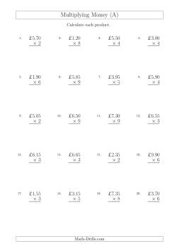 Multiplying Pound Sterling Amounts in Increments of 5 Pence by One-Digit Multipliers (U.K.)