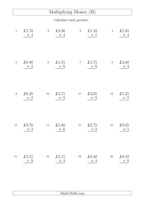 The Multiplying Pound Sterling Amounts in Increments of 5 Pence by One-Digit Multipliers (U.K.) (H) Math Worksheet