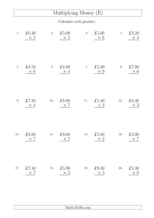 The Multiplying Pound Sterling Amounts in Increments of 10 Pence by One-Digit Multipliers (U.K.) (E) Math Worksheet