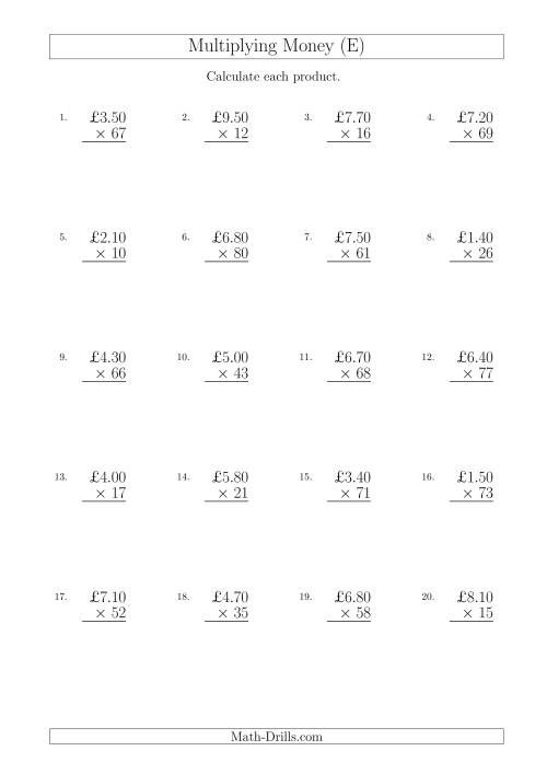 The Multiplying Pound Sterling Amounts in Increments of 10 Pence by Two-Digit Multipliers (U.K.) (E) Math Worksheet