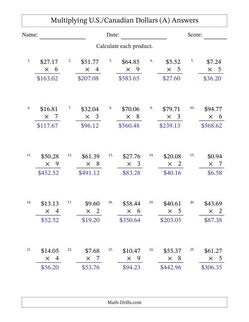 The Mulitplying U.S./Canadian Dollars (0.01 to 99.99) in Increments of One Cent by One-Digit Multipliers (A) Math Worksheet Page 2