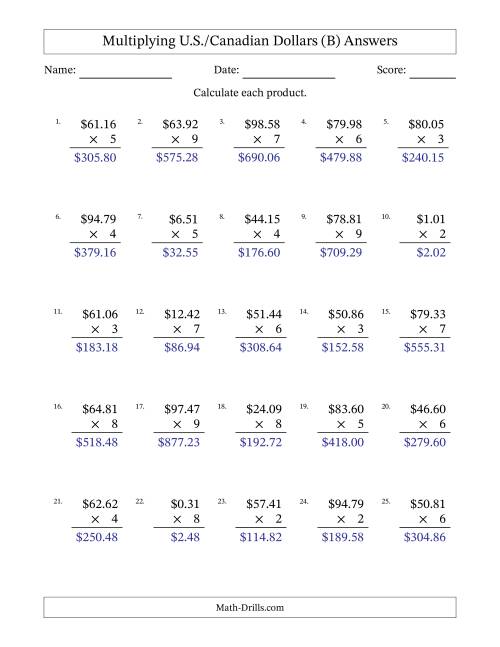 The Mulitplying U.S./Canadian Dollars (0.01 to 99.99) in Increments of One Cent by One-Digit Multipliers (B) Math Worksheet Page 2