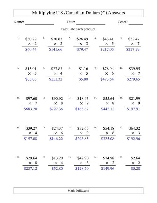 The Mulitplying U.S./Canadian Dollars (0.01 to 99.99) in Increments of One Cent by One-Digit Multipliers (C) Math Worksheet Page 2