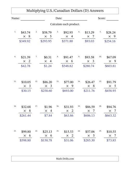 The Mulitplying U.S./Canadian Dollars (0.01 to 99.99) in Increments of One Cent by One-Digit Multipliers (D) Math Worksheet Page 2