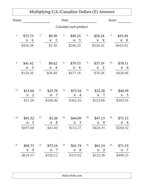 The Mulitplying U.S./Canadian Dollars (0.01 to 99.99) in Increments of One Cent by One-Digit Multipliers (E) Math Worksheet Page 2