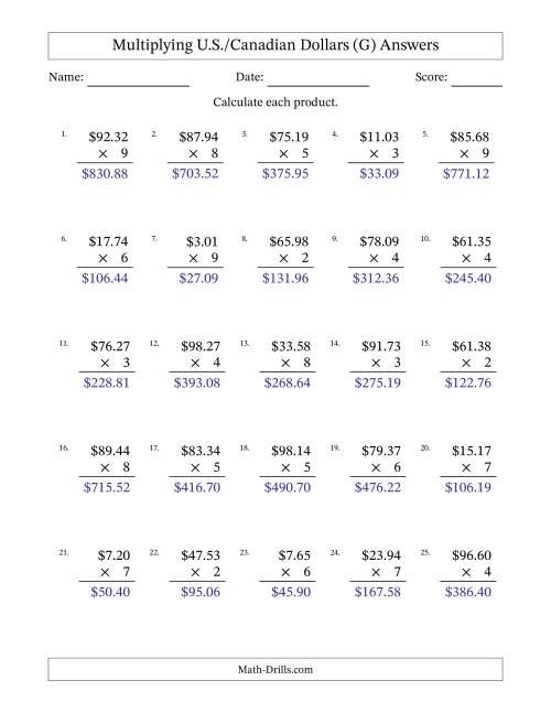 The Mulitplying U.S./Canadian Dollars (0.01 to 99.99) in Increments of One Cent by One-Digit Multipliers (G) Math Worksheet Page 2