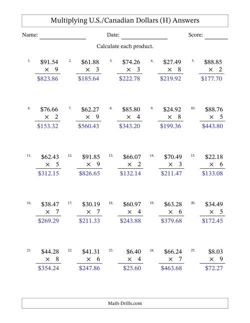 The Mulitplying U.S./Canadian Dollars (0.01 to 99.99) in Increments of One Cent by One-Digit Multipliers (H) Math Worksheet Page 2