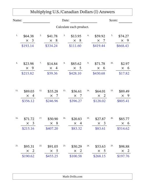 The Mulitplying U.S./Canadian Dollars (0.01 to 99.99) in Increments of One Cent by One-Digit Multipliers (I) Math Worksheet Page 2