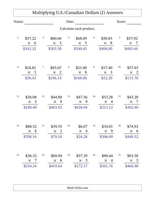 The Mulitplying U.S./Canadian Dollars (0.01 to 99.99) in Increments of One Cent by One-Digit Multipliers (J) Math Worksheet Page 2