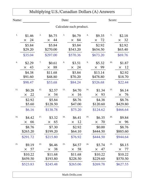 The Mulitplying U.S./Canadian Dollars (0.01 to 9.99) in Increments of One Cent by Two-Digit Multipliers (A) Math Worksheet Page 2