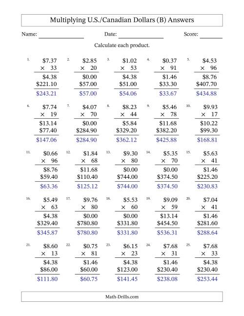 The Mulitplying U.S./Canadian Dollars (0.01 to 9.99) in Increments of One Cent by Two-Digit Multipliers (B) Math Worksheet Page 2