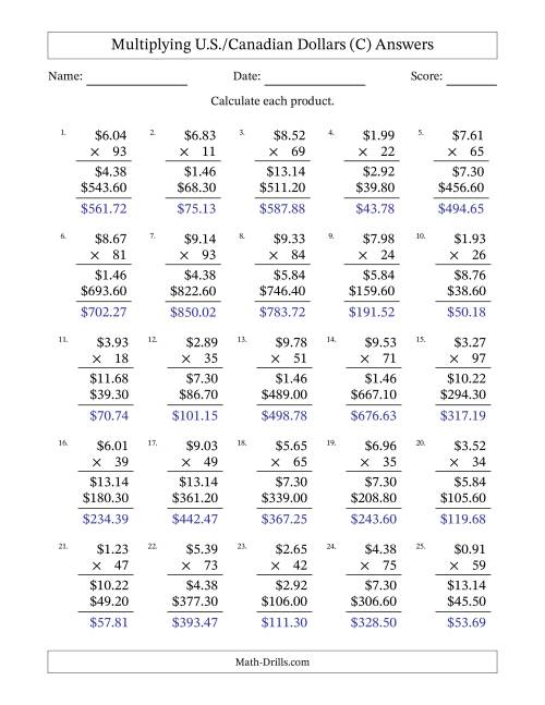 The Mulitplying U.S./Canadian Dollars (0.01 to 9.99) in Increments of One Cent by Two-Digit Multipliers (C) Math Worksheet Page 2