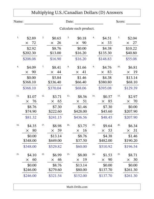 The Mulitplying U.S./Canadian Dollars (0.01 to 9.99) in Increments of One Cent by Two-Digit Multipliers (D) Math Worksheet Page 2