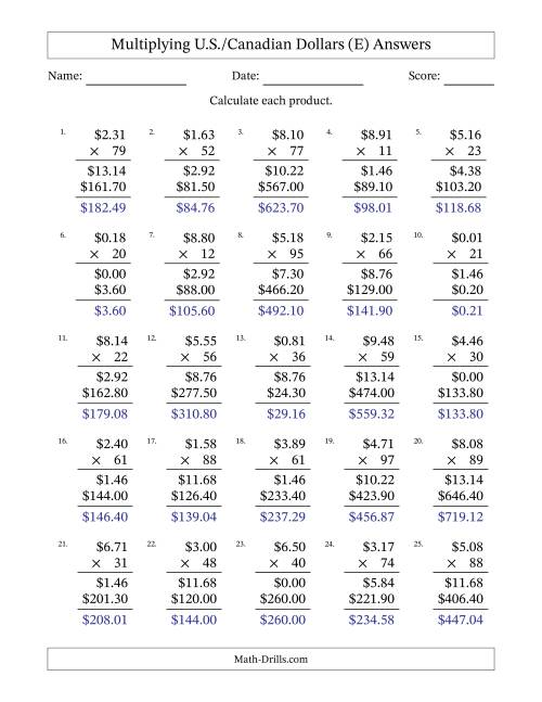 The Mulitplying U.S./Canadian Dollars (0.01 to 9.99) in Increments of One Cent by Two-Digit Multipliers (E) Math Worksheet Page 2