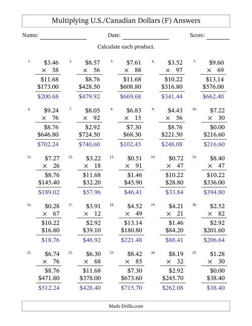 The Mulitplying U.S./Canadian Dollars (0.01 to 9.99) in Increments of One Cent by Two-Digit Multipliers (F) Math Worksheet Page 2