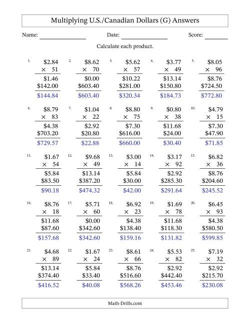 The Mulitplying U.S./Canadian Dollars (0.01 to 9.99) in Increments of One Cent by Two-Digit Multipliers (G) Math Worksheet Page 2