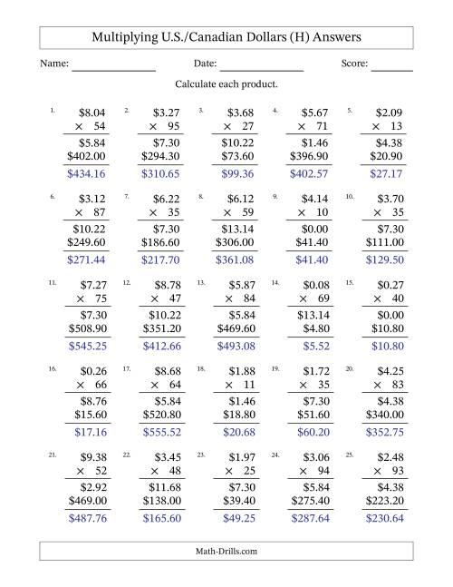 The Mulitplying U.S./Canadian Dollars (0.01 to 9.99) in Increments of One Cent by Two-Digit Multipliers (H) Math Worksheet Page 2