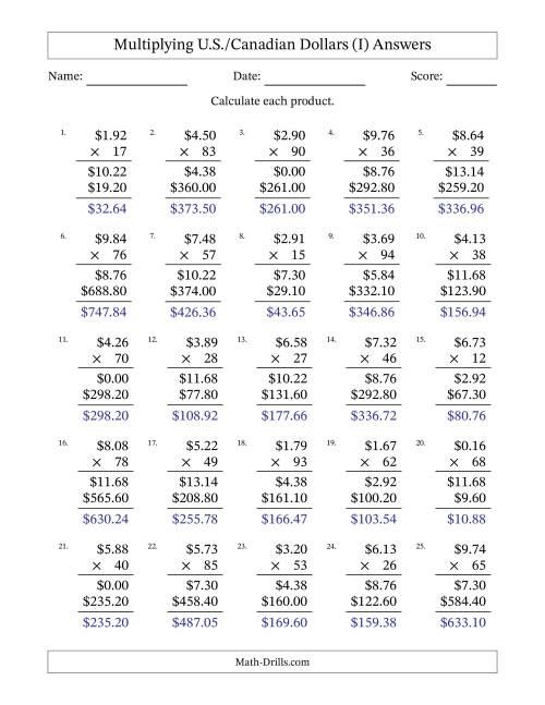 The Mulitplying U.S./Canadian Dollars (0.01 to 9.99) in Increments of One Cent by Two-Digit Multipliers (I) Math Worksheet Page 2