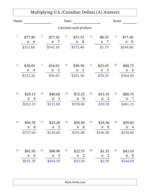 The Mulitplying U.S./Canadian Dollars (0.05 to 99.95) in Increments of Five Cents by One-Digit Multipliers (A) Math Worksheet Page 2